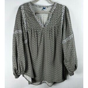 Old Navy Long Sleeve Floral Printed Poet Swing Top Black Boho Peasant Tunic XL
